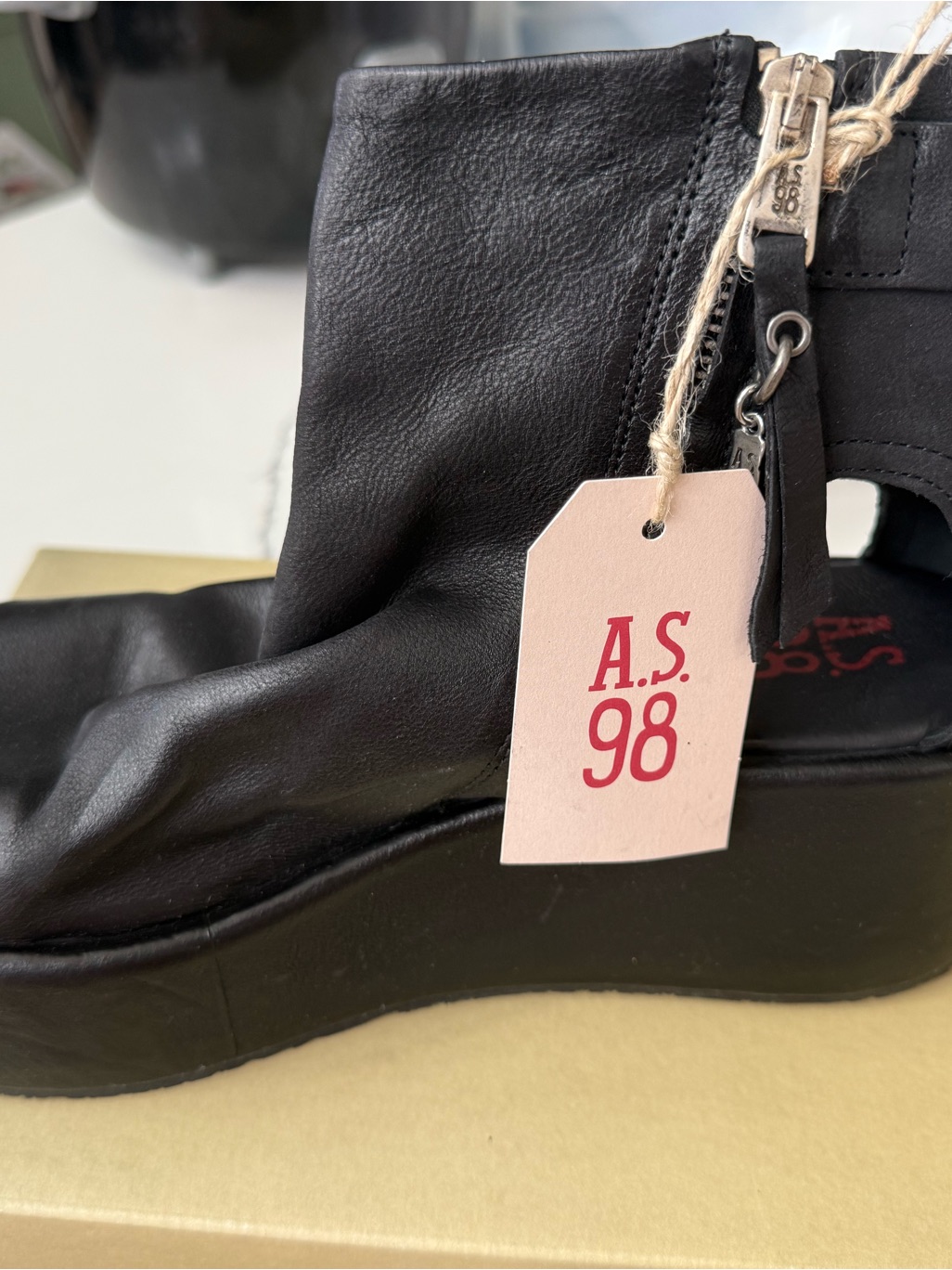 A.S.98 Black Leather Platform Ankle Sandal With Side Zip